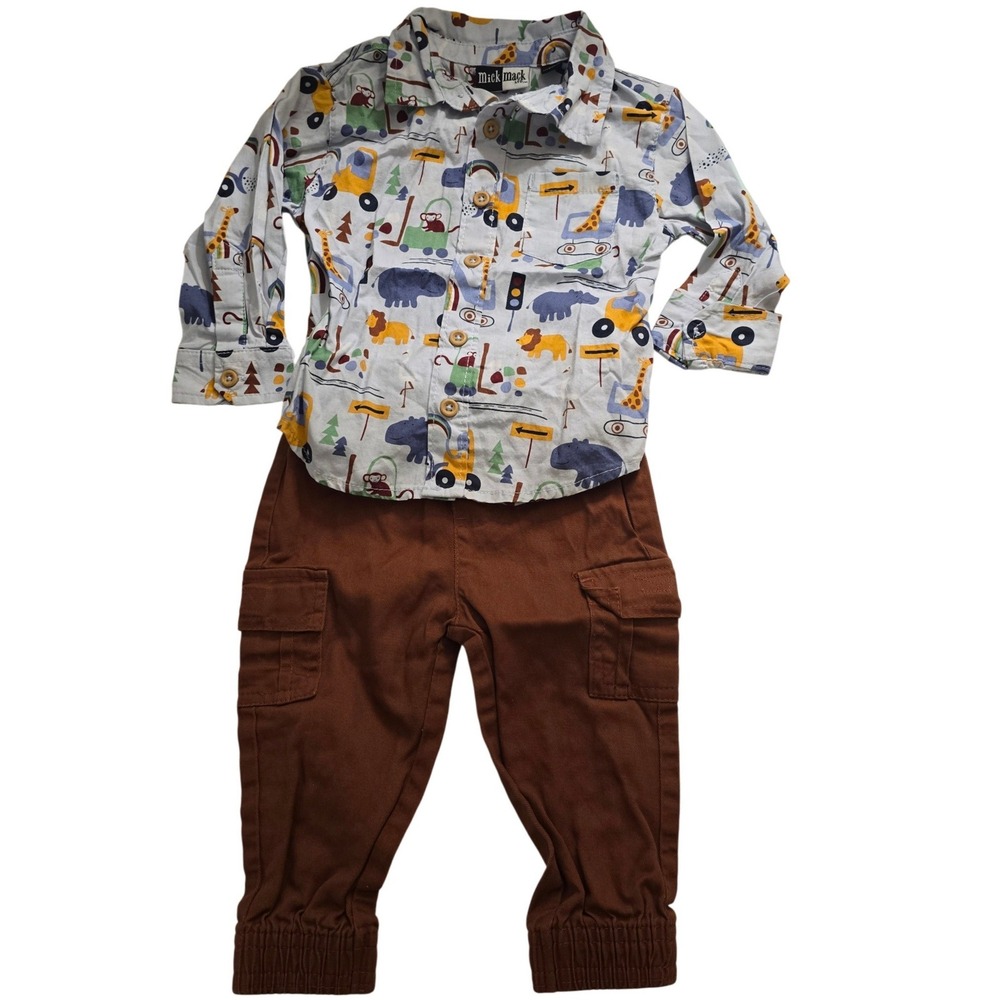 Mick Mack LTD Boys Safari Animals Construction Vehicle Shirt and Pants Set 12 M
